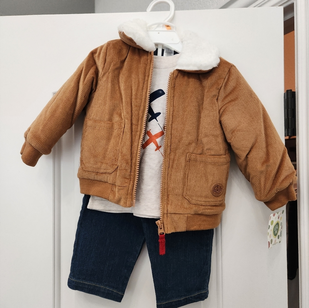 Little Me 3 piece set | jeans, long sleeve tee and a coat